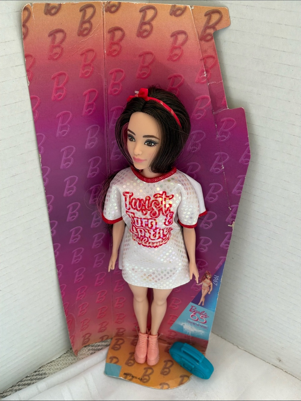 Barbie White Sequin Tee with Pink Trim and Pink Logo with vintage boombox